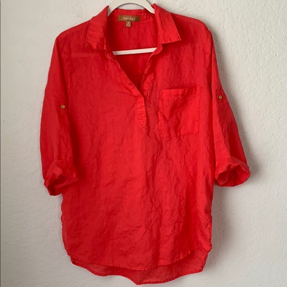 Ellen Tracy Linen Red 1/2 Sleeve Roll Tab Notched Collar Pocket Shirt Size M